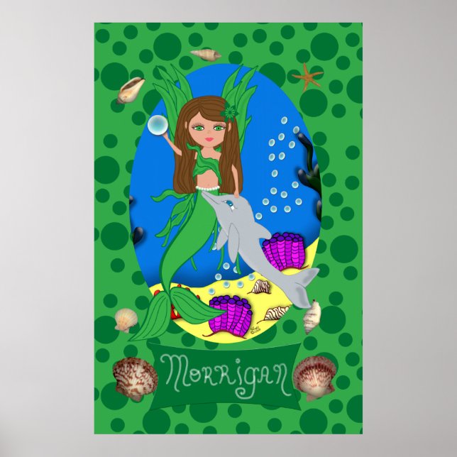 Poster Sirène verte avec ailes et dauphin imprimé (Devant)
