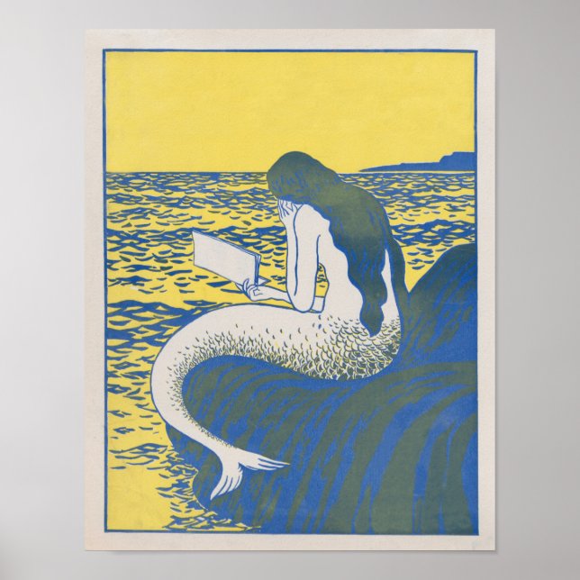 Poster Sirène vintage lisant un livre (Devant)