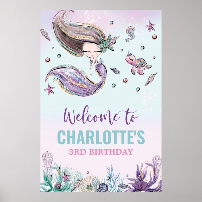 Poster Sirène Whimsical Anniversaire sous la mer Bienvenu (Devant)