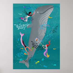 Poster Sirènes assistant à une baleine et nettoyant l'oce