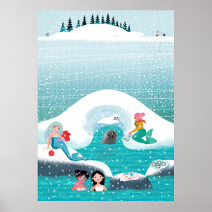 Poster Sirènes pique-niquant avec un phoque et un bébé