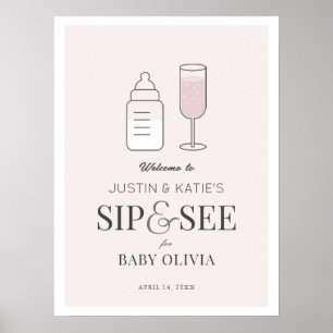 Poster Siroter et voir Champagne Baby shower rose Bienven