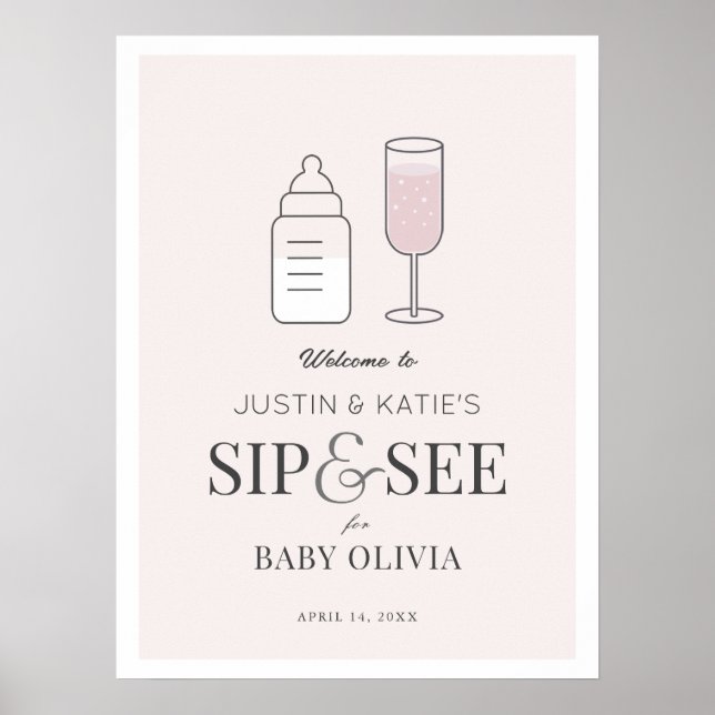 Poster Siroter et voir Champagne Baby shower rose Bienven (Devant)