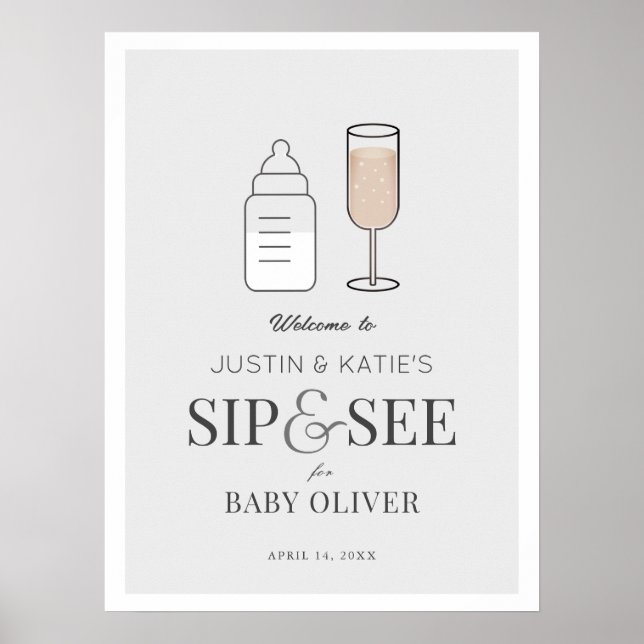 Poster Siroter et voir Champagne Grey Baby shower Bienven (Devant)