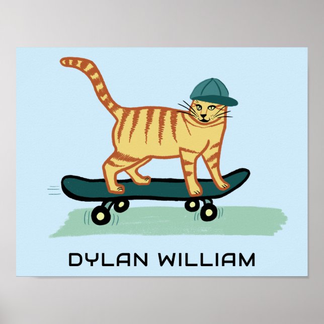 Poster Skateboard Tabby Cat Cute NOM PERSONNALISÉ Nursery (Devant)