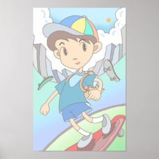 Poster Skateboarder speeds through the city streets.
