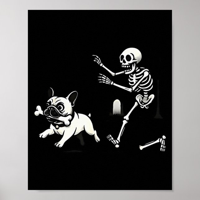 Poster Skeleton Chasing French Bulldog Biting Leg Bone Ha (Devant)