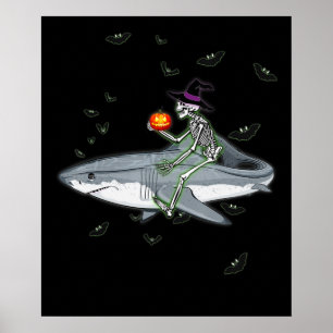 Poster Skeleton équitation requin - Drôle cadeau Hallowee