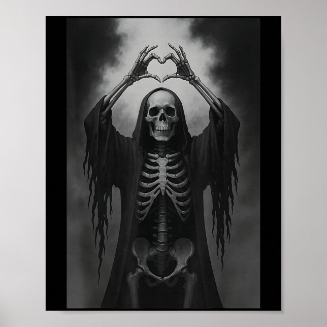Poster Skeleton Hands Heart Sign Scary Face Funny Hallowe (Devant)