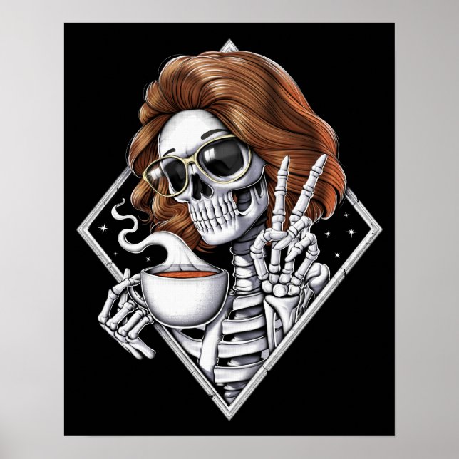 Poster Skeleton Hippie Boire du café (Devant)