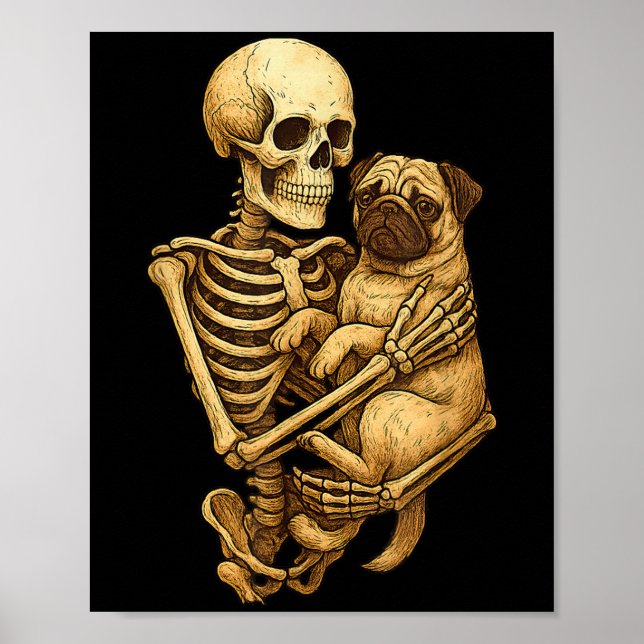 Poster Skeleton Hugging Pug Halloween Pugs Lover Pug Mom  (Devant)