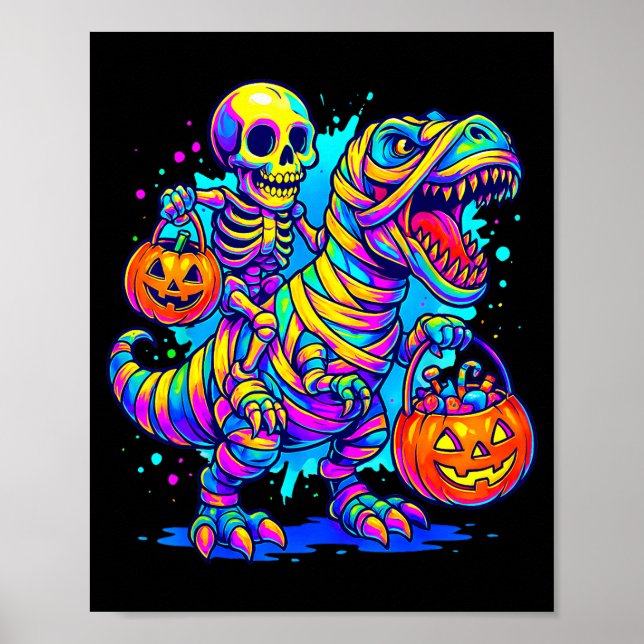 Poster Skeleton Riding Mummy Dinosaur T Rex Halloween Fun (Devant)