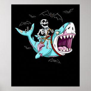 Poster Skeleton Riding Zombie Shark Funny Halloween Gift