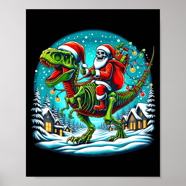 Poster Skeleton Santa Riding T Rex Dinosaur Funny Christm (Devant)