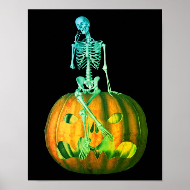 Poster Skeleton sur Jack-o'-lantern Citrouille (Devant)