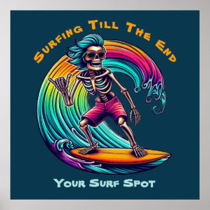 Poster Skeleton Surfer En Vague