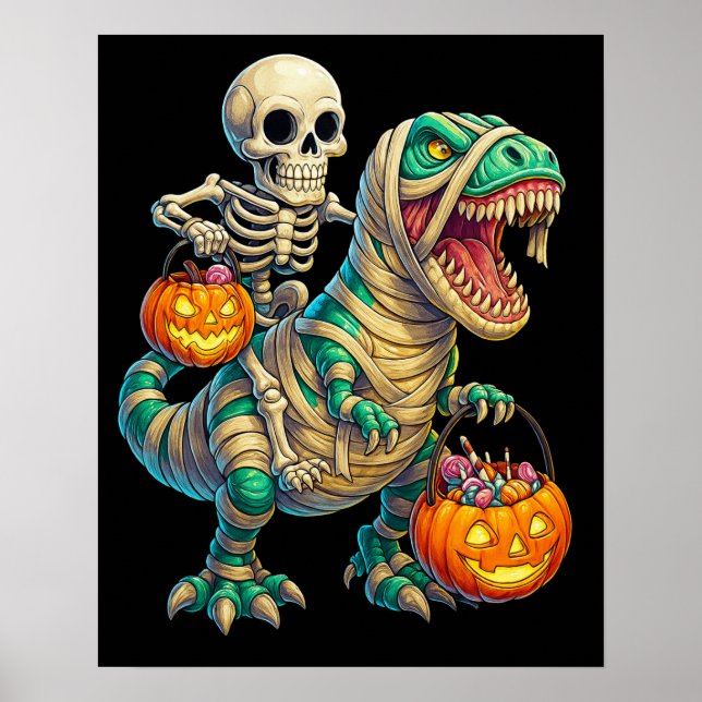 Poster Skeleton Whimsical équitation maman T-Rex Hallowee (Devant)