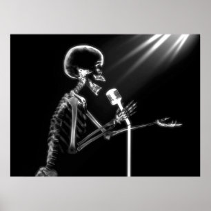 POSTER SKELETON X-RAY CHANTANT SUR RETRO MIC - B&W
