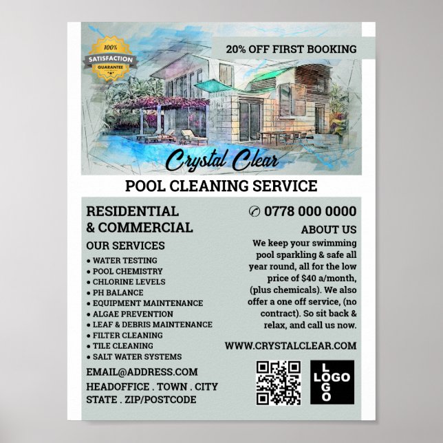 Poster Sketch De La Piscine, Nettoyage De La Piscine (Devant)