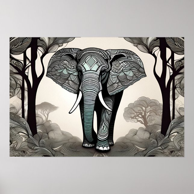 Poster Sketch Whimsical Elephant - Noir & Blanc avec (Devant)