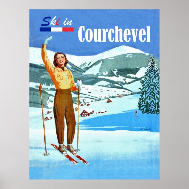 Poster Ski à Courchevel, femme sur ski, France (Devant)