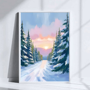 Poster Ski au coucher du soleil   Peinture de ski de mont