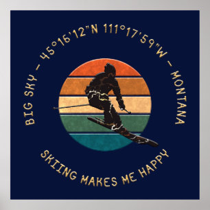 Poster Ski Big Sky, Montana - Homme Skier, Texte Jaune