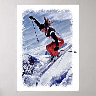 Poster Ski en bas de la montagne en rouge