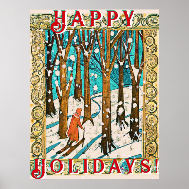 Poster Ski médiéval Hiver Joyeuses vacances (Devant)