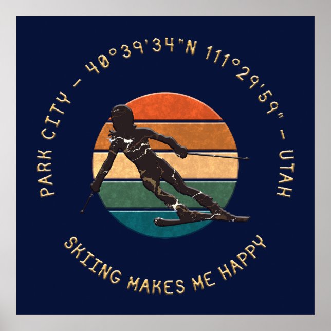 Poster Ski Park City, Utah - Femme Skier, Texte D'Or (Devant)