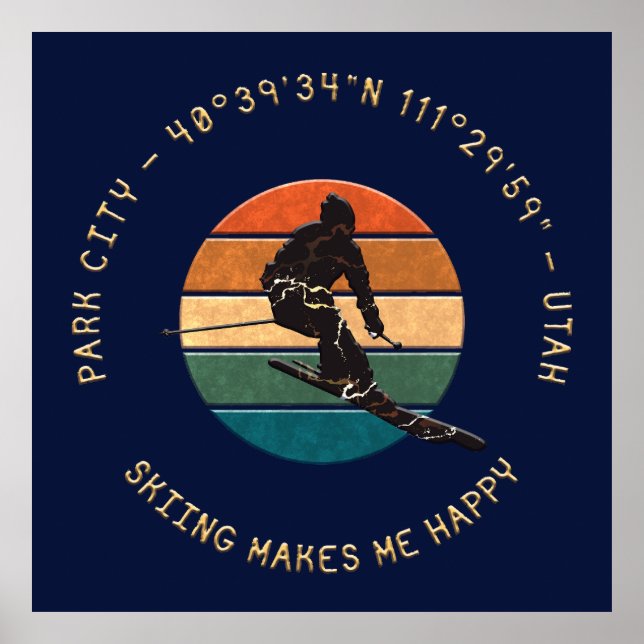 Poster Ski Park City, Utah - Man Skier Golden Text (Devant)