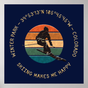 Poster Ski Winter Park, Colorado - Man Skier Golden Text