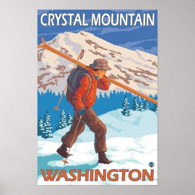Poster Skier transportant ski de neige - Crystal Mountain (Devant)