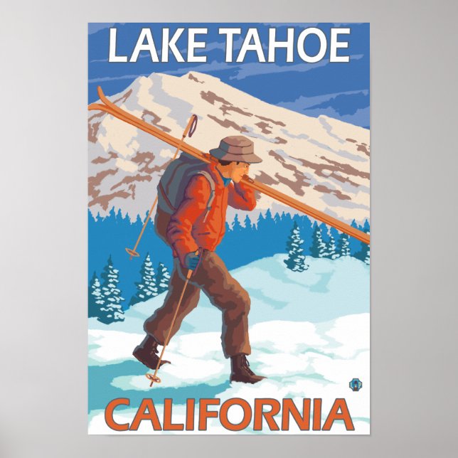 Poster Skier transportant ski de neige - Lac Tahoe, Calif (Devant)