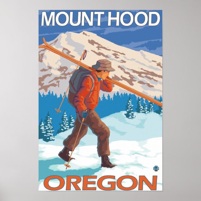 Poster Skier transportant ski de neige - Mont Hood, OU (Devant)