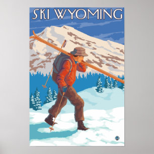 Poster Skier transportant ski de neige - Wyoming