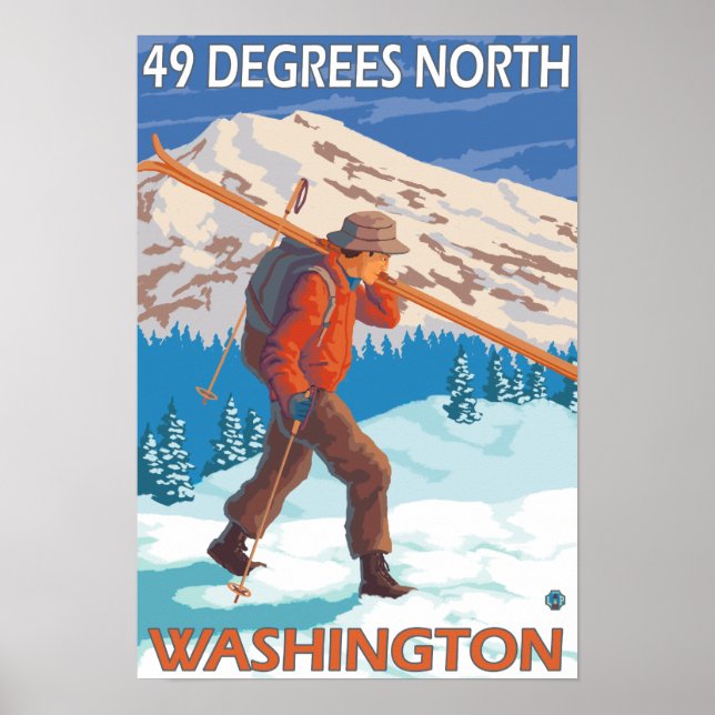 Poster Skieur transportant ski de neige - 49 degrés Nord, (Devant)