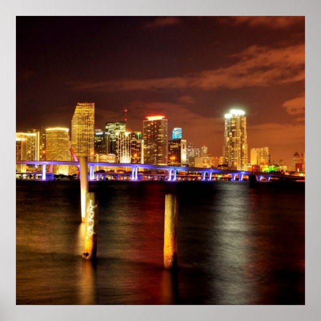 Poster Skyline de Miami la nuit, Floride (Devant)