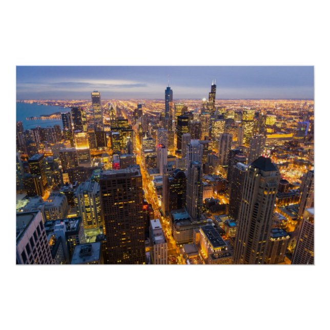 Poster Skyline du centre-ville de Chicago à la tombée de  (Devant)