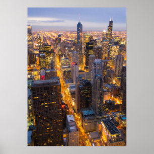 Poster Skyline du centre-ville de Chicago à la tombée de 