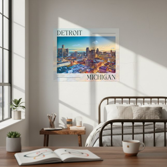 Poster Skyline dynamique de Detroit au coucher du soleil (Vibrant Skyline of Detroit at Sunset Poster)
