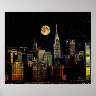 Poster Skyline New York La Nuit Avec Pleine lune