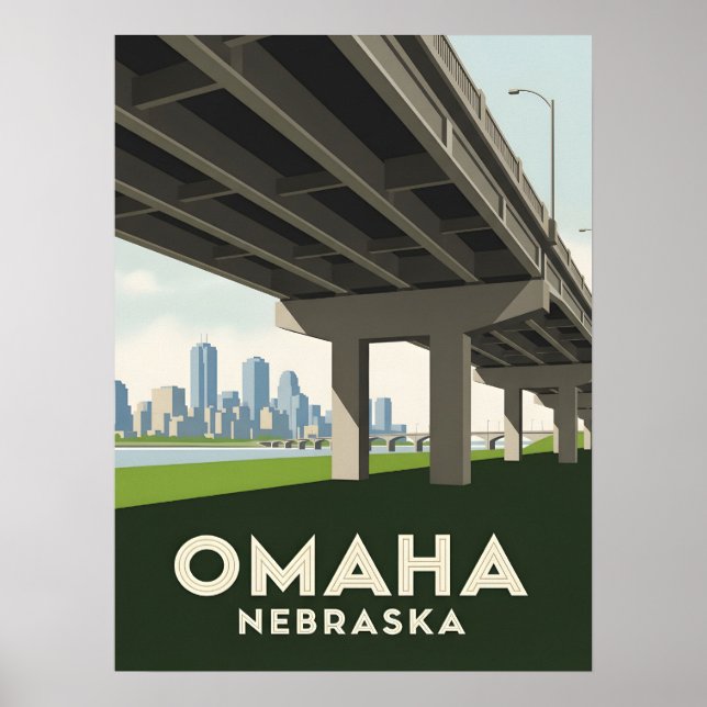Poster Skyline Omaha Nebraska sous un grand pont (Devant)