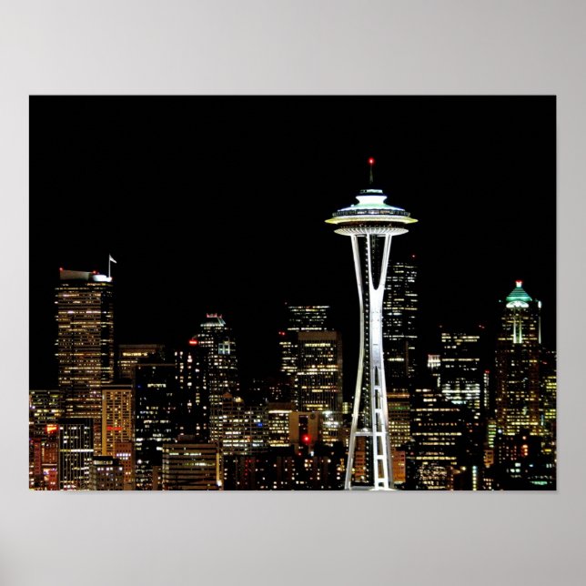 Poster Skyline Seattle la nuit, avec Space Needle. (Devant)