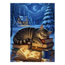 Sleeping Cat on Books Winter Night