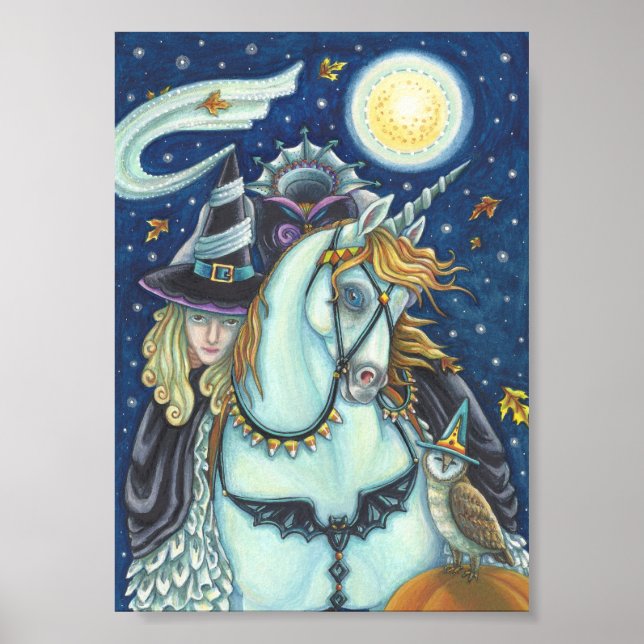 POSTER SLEEPING HOLLOW WITCH UNICORN & OWL HALLOWEEN POST (Devant)