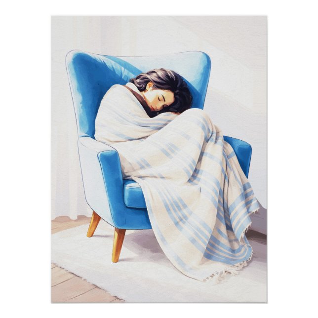 Poster Sleeping Woman in Blue Armchair Cozy Blanket  (Devant)