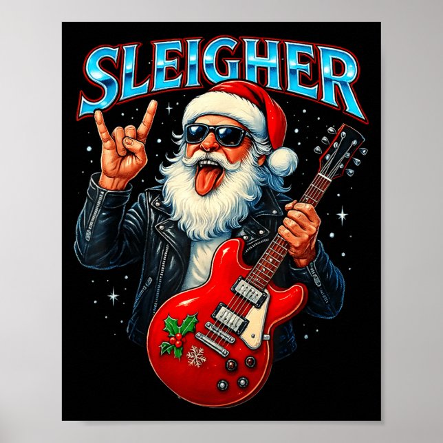 Poster Sleigher Rock Santa Funny Metal Christmas Design  (Devant)