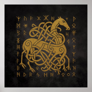 Poster Sleipnir, Cheval doré nordique avec symbole de run