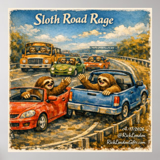Poster Sloth Road Rage – Rockwell‑Inspired Watercolor Car